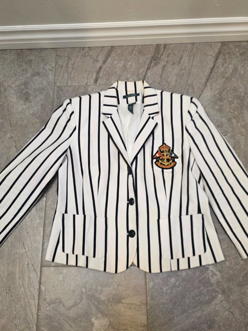 LAUREN Ralph Lauren Women's Lrg White Black Striped Blazer Jacket Crest 1967